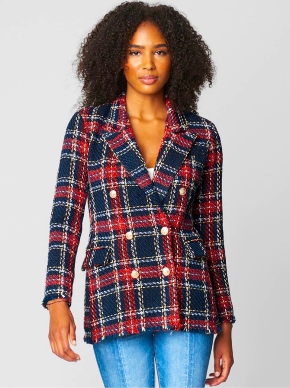 BLANKNYC Tweed Plaid Double Breasted Blazer Jacket Size Small Navy Red Preppy